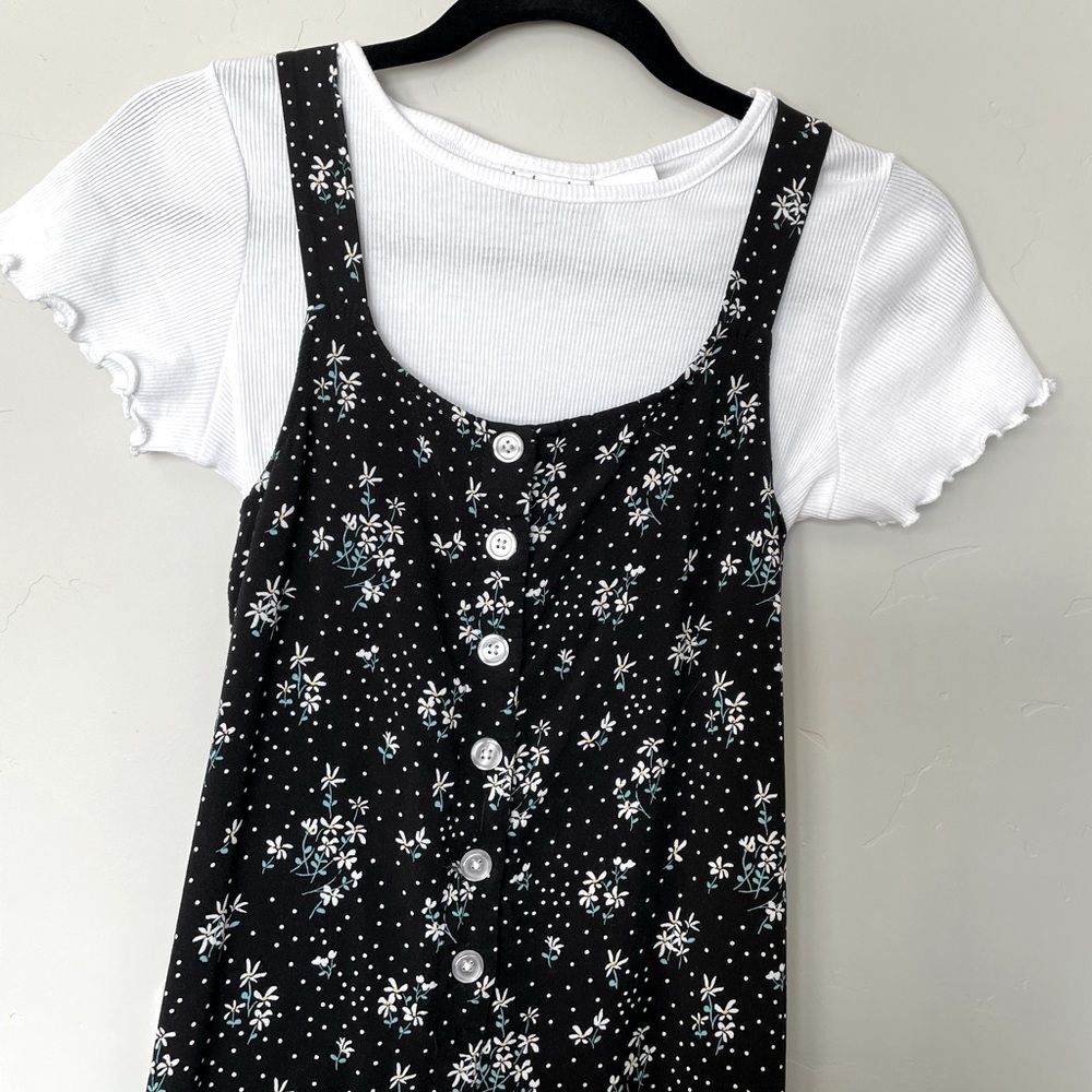 BLUSH GIRLS BLACK FLORAL JUMPSUIT WITH WHITE SHIRT, L 14/16